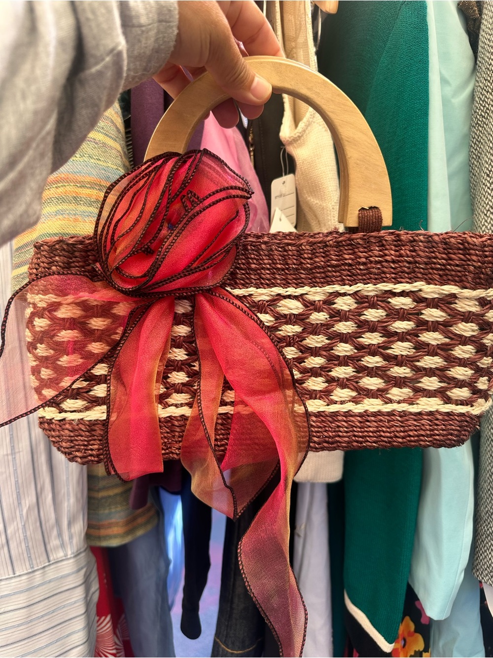 Woven Straw Mini Bag with Red Ribbon Accent